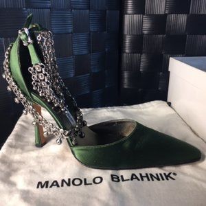 Green Satin Manolo Blahnik Evening Shoes